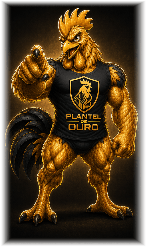 Mascote do Plantel de Ouro apontando, um galo dourado musculoso com a camisa da marca