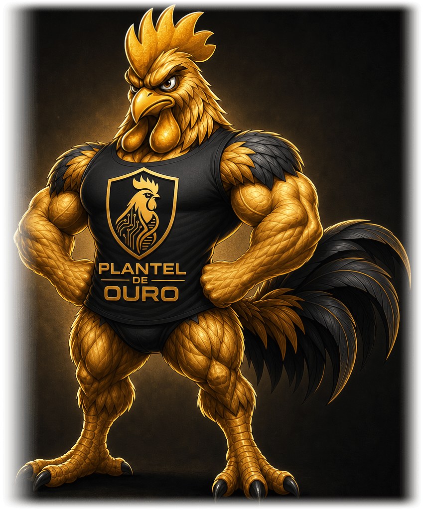 Mascote do Plantel de Ouro, um galo dourado musculoso com a camisa da marca